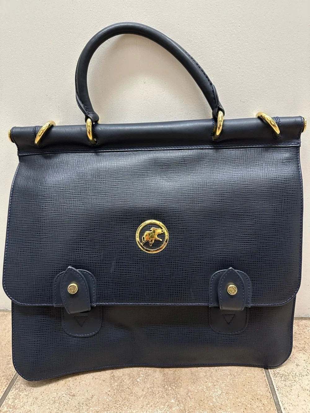 Vintage Hunting World Leather Briefcase Navy Satchel Gold Hardware Italy